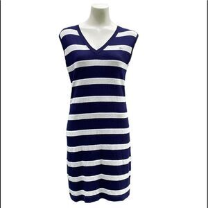 LACOSTE • size 42 long tank striped dress blue tan and white